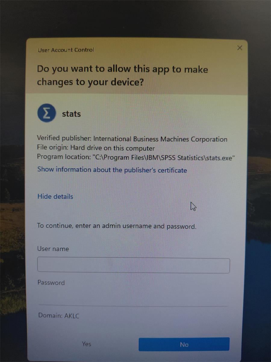 UAC Pop-up window when starting IBM SPSS 28.0 application or client
